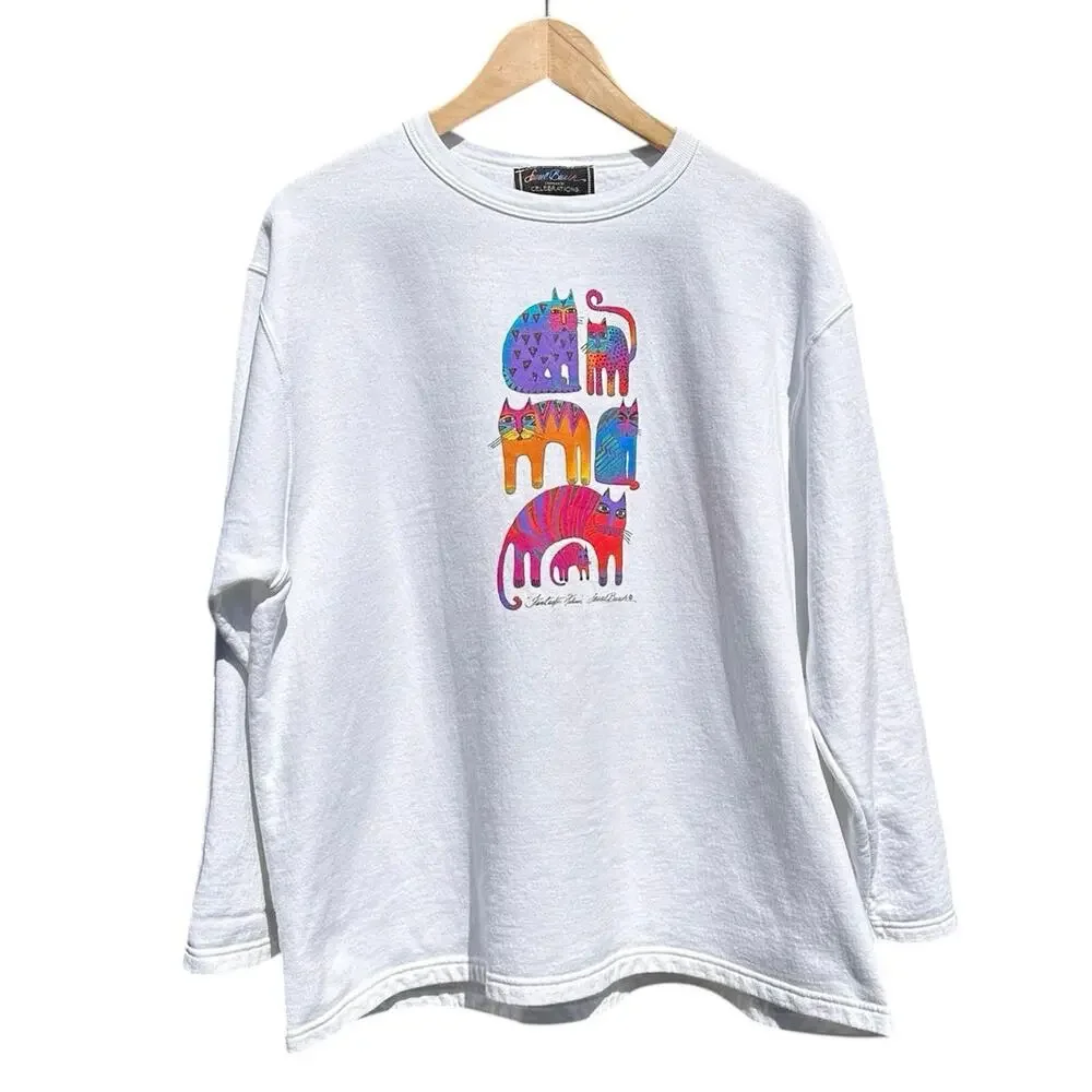 Laurel Burch Fantastic Felines Sweatshirt Sz XL Bright White Cats Artsy - Picture 9 of 9